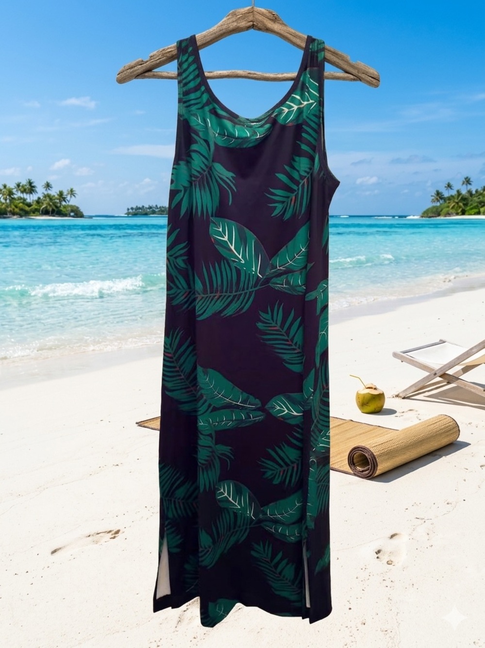 Tropical Leaf Tank Maxi Dress - Green/Black